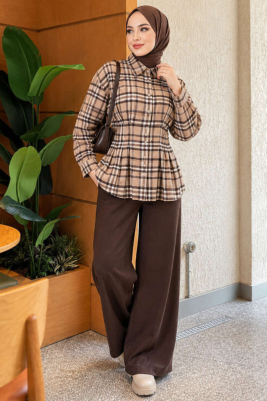 Beige Kariert Mit Bindebesatz Hemd