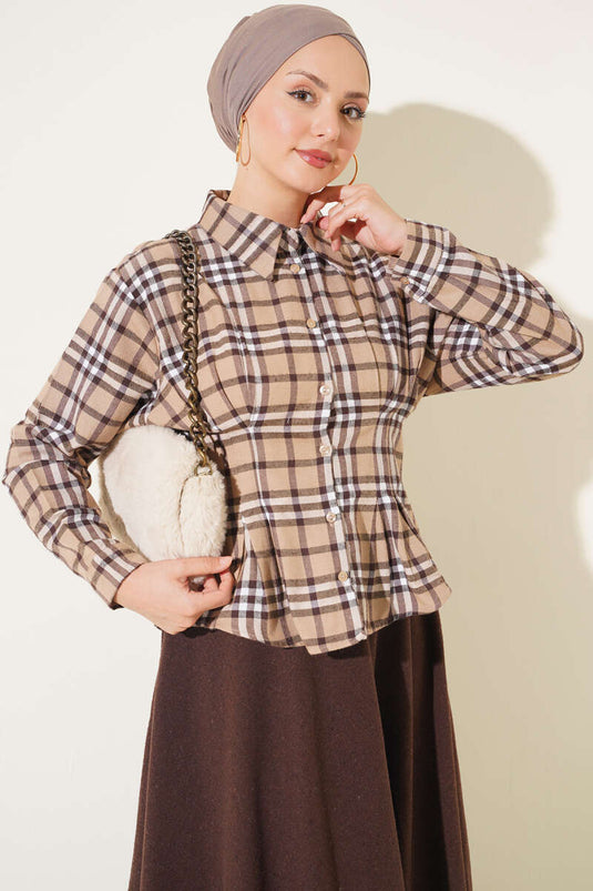 Beige Kariert Mit Bindebesatz Hemd