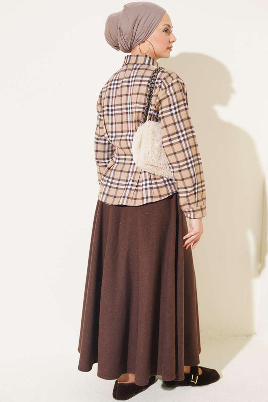 Beige Kariert Mit Bindebesatz Hemd