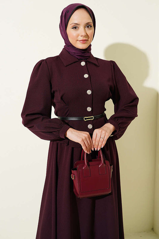 Double Skirted Set with Belt and Pen Detail in Burgundy