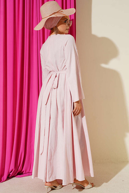 Detailed Linen Dress In Powder Pink