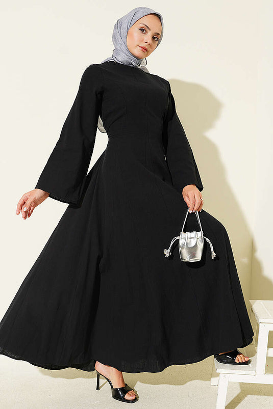 Elegantes Schwarzes Leinenkleid Mit Bindeband