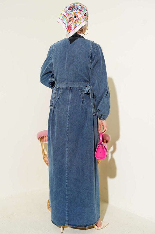 Pens Detaylı Yelekli Kot Elbise Kot Mavisi