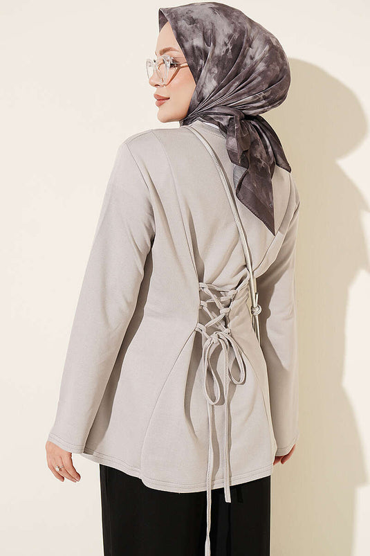 Fringed Cross-String Tie Tunic Grey