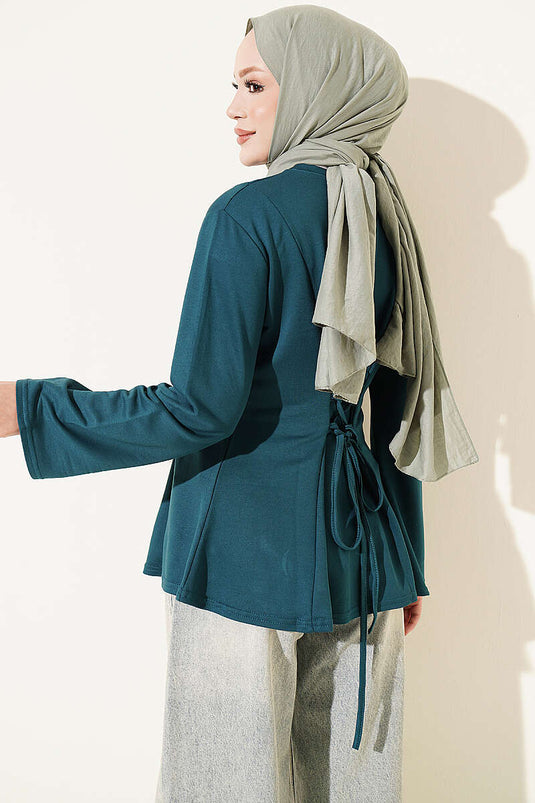 Fringed Cross-String Tie Tunic Petrol Green