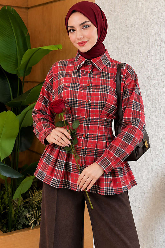 Camicia A Quadri Rossa Con Frange
