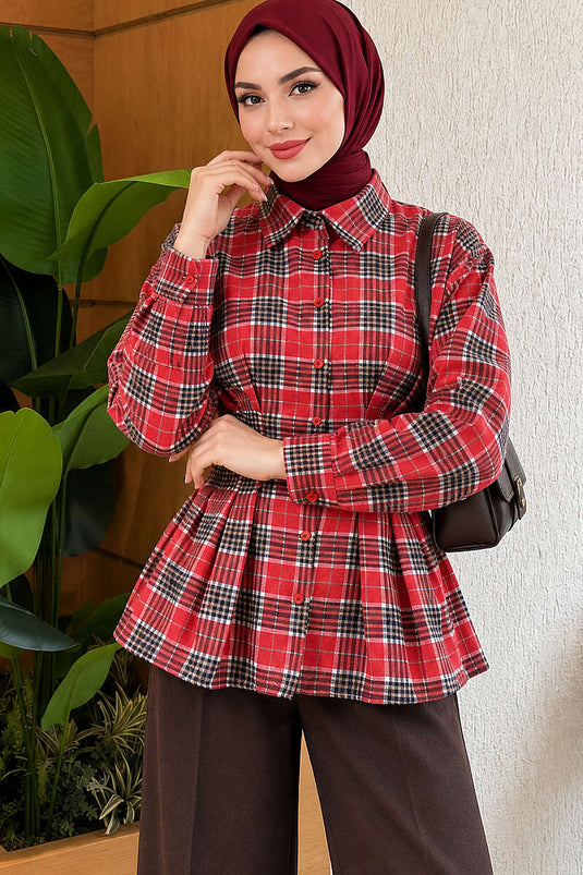 Camicia A Quadri Rossa Con Frange