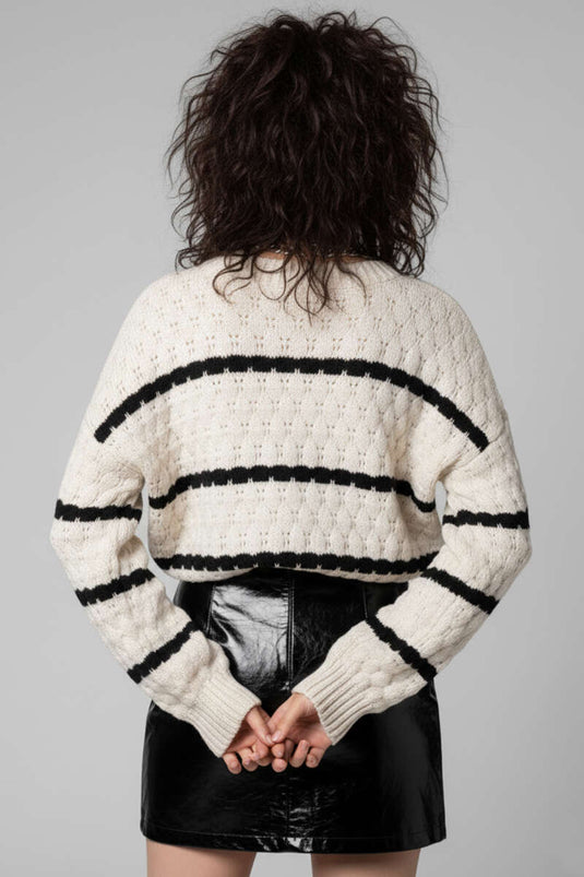 Pull rayé beige à détails en maille nid d'abeille