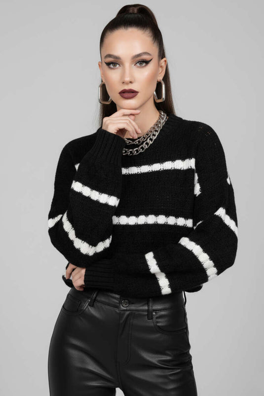 Pull rayé noir à détail en maille nid d'abeille