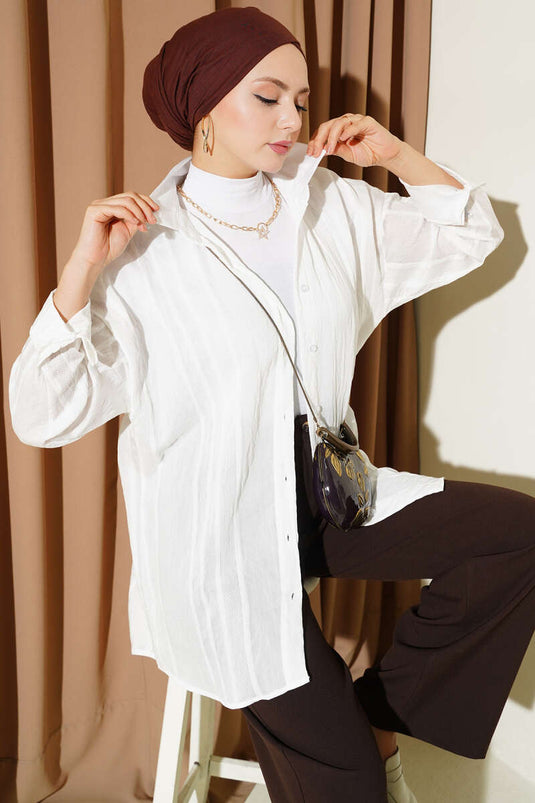 Petek Şeritli Oversize Gömlek Ekru