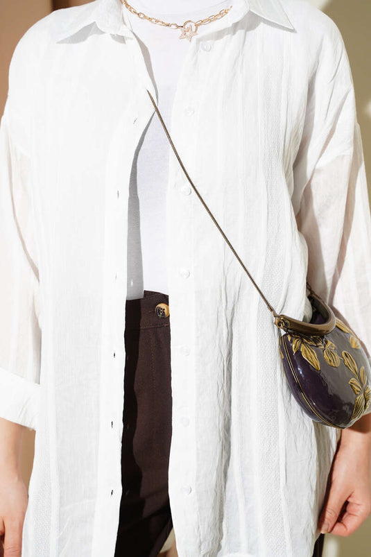 Petek Şeritli Oversize Gömlek Ekru