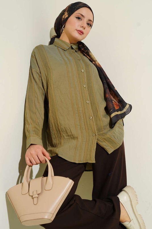 Petek Şeritli Oversize Gömlek Haki