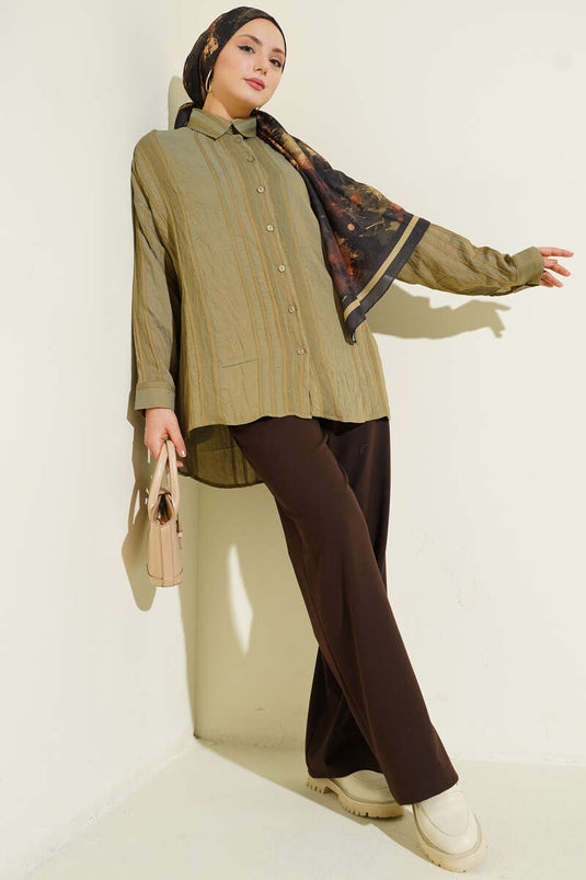 Petek Şeritli Oversize Gömlek Haki