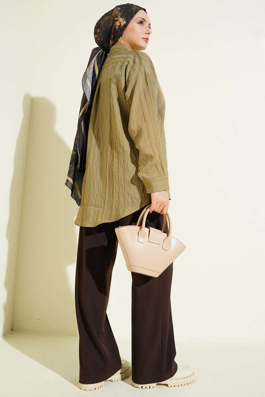 Petek Şeritli Oversize Gömlek Haki