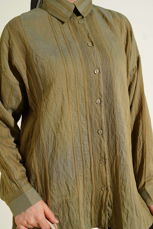 Petek Şeritli Oversize Gömlek Haki