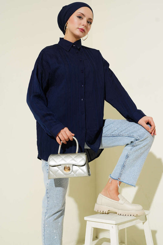 Petek Şeritli Oversize Gömlek Lacivert