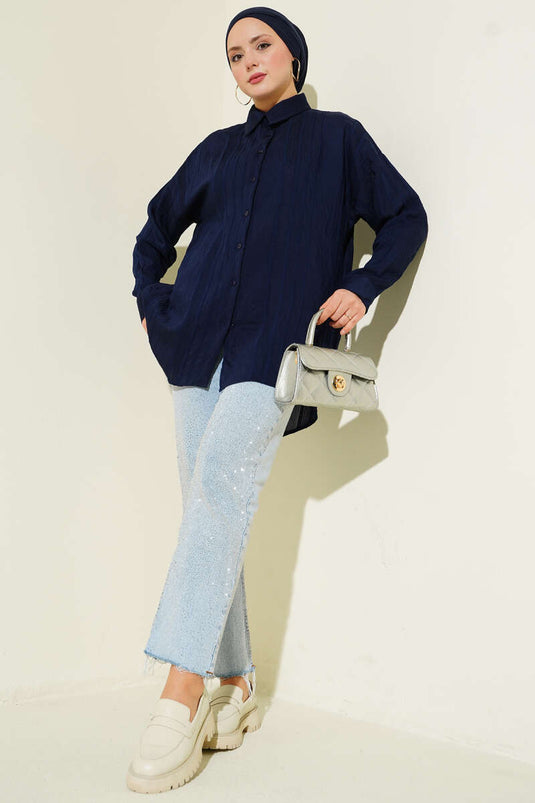 Petek Şeritli Oversize Gömlek Lacivert