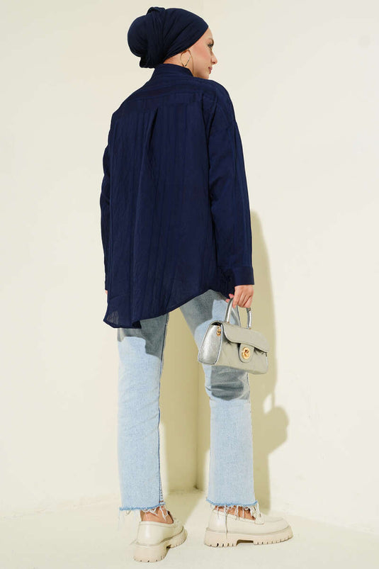 Petek Şeritli Oversize Gömlek Lacivert