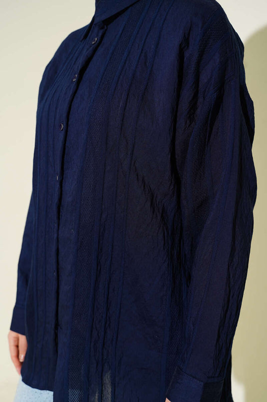 Petek Şeritli Oversize Gömlek Lacivert