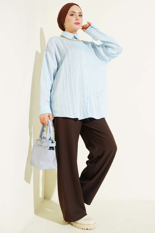 Petek Şeritli Oversize Gömlek Mavi