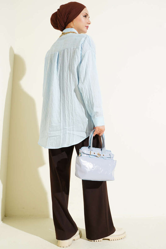 Petek Şeritli Oversize Gömlek Mavi