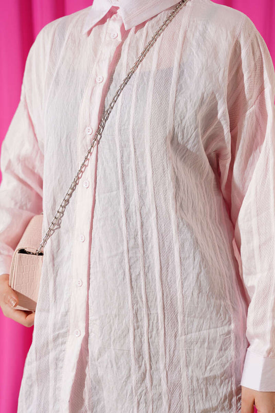 Petek Şeritli Oversize Gömlek Pembe