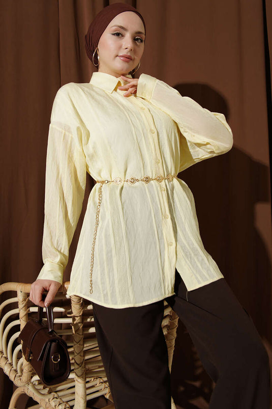 Petek Şeritli Oversize Gömlek Sarı