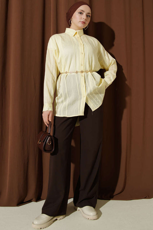 Petek Şeritli Oversize Gömlek Sarı