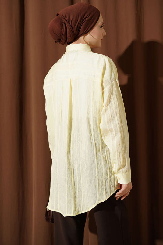 Petek Şeritli Oversize Gömlek Sarı