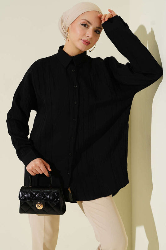 Petek Şeritli Oversize Gömlek Siyah
