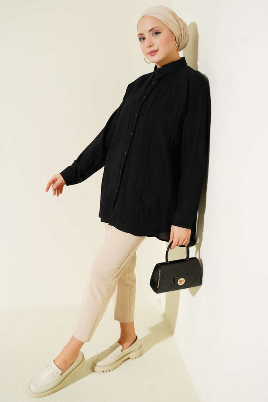 Petek Şeritli Oversize Gömlek Siyah