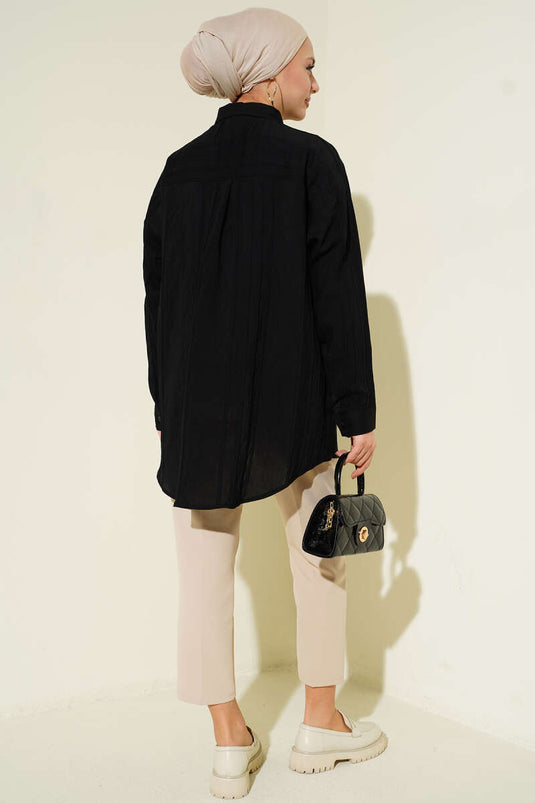 Petek Şeritli Oversize Gömlek Siyah