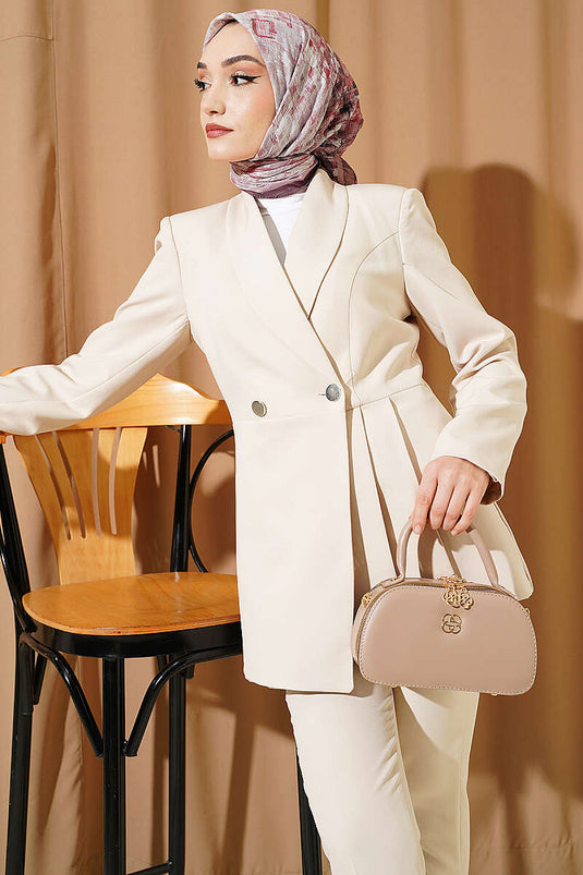 Two-Piece Set with Pile Detail Blazer Jacket Beige