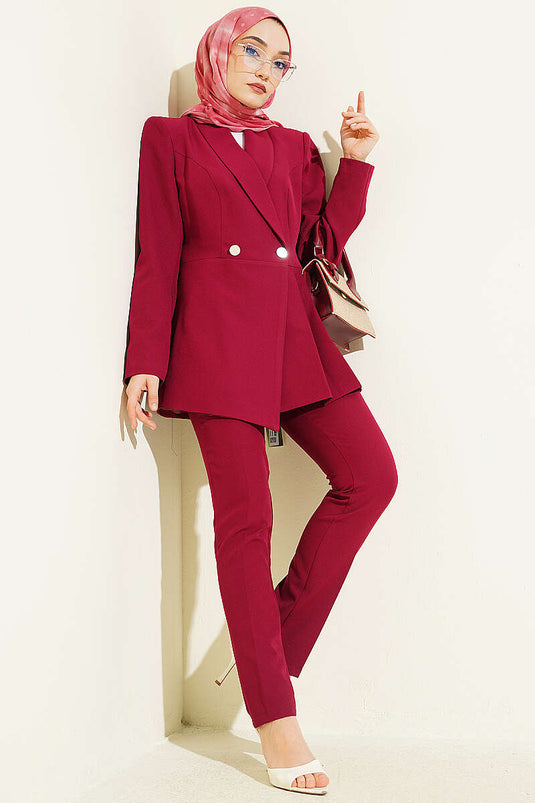 Two-Piece Set with Pile Detail Blazer Jacket, Burgundy
