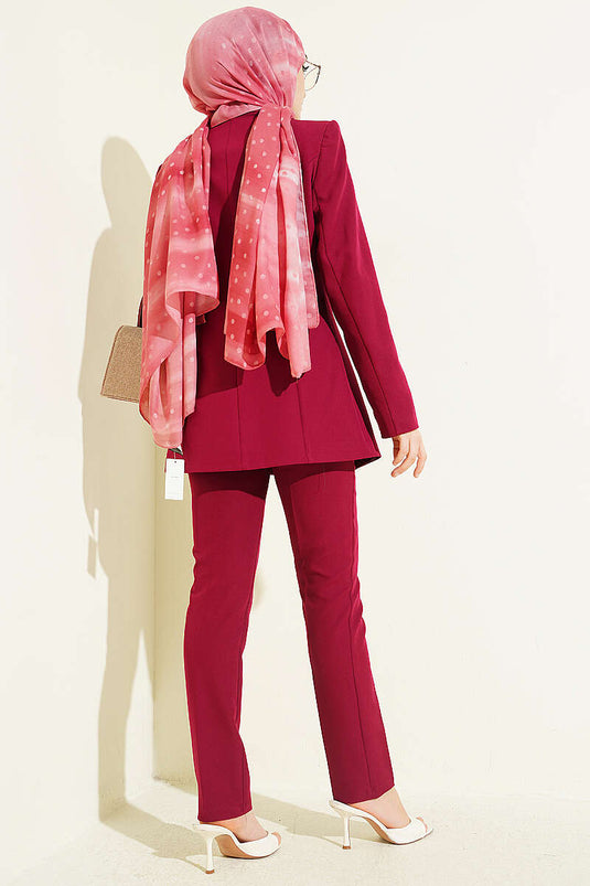 Two-Piece Set with Pile Detail Blazer Jacket, Burgundy