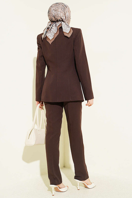 Two-Piece Set with Pile Detail Blazer Jacket, Brown