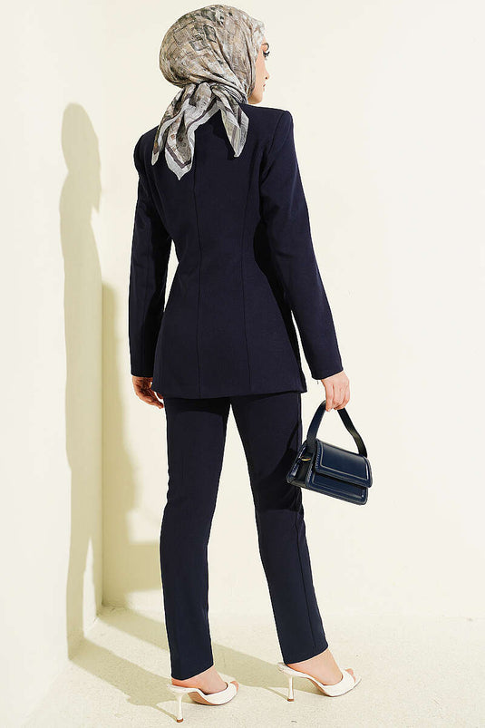 Navy Blue Two-Piece Set with Pile Detail Blazer Jacket