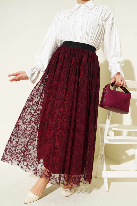 Skirt with Pile Details and Floral Tulle, Burgundy