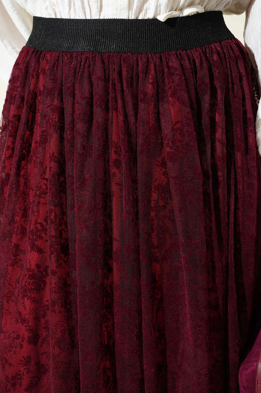 Skirt with Pile Details and Floral Tulle, Burgundy