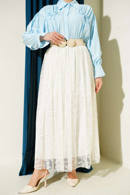 Skirt with Pile Detail and Floral Tulle, Off-White