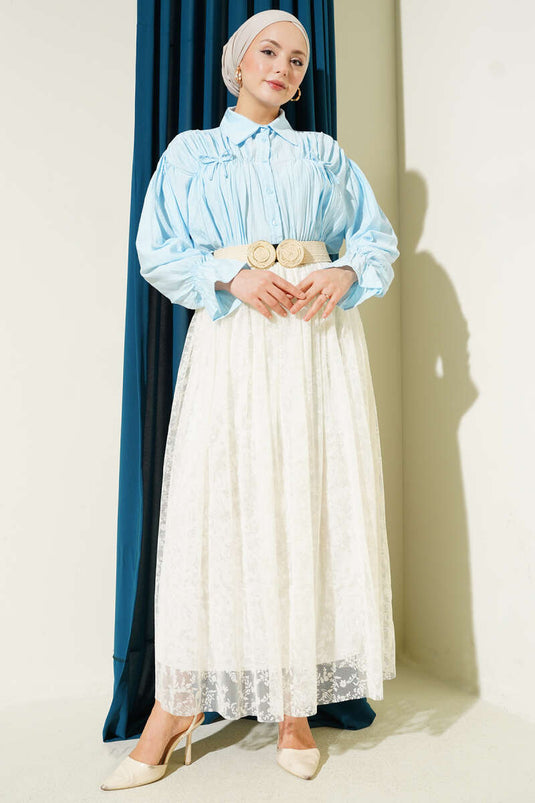 Skirt with Pile Detail and Floral Tulle, Off-White