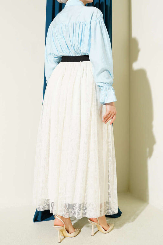 Skirt with Pile Detail and Floral Tulle, Off-White