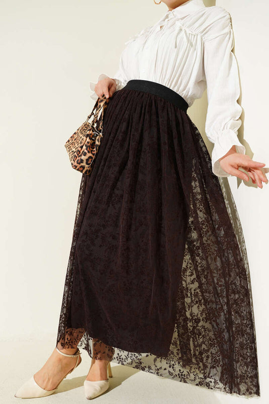 Skirt with Pile Detail and Floral Tulle Brown