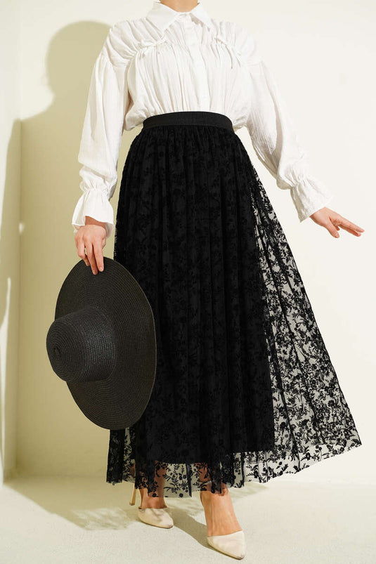 Skirt with Pile Detail and Floral Tulle Black