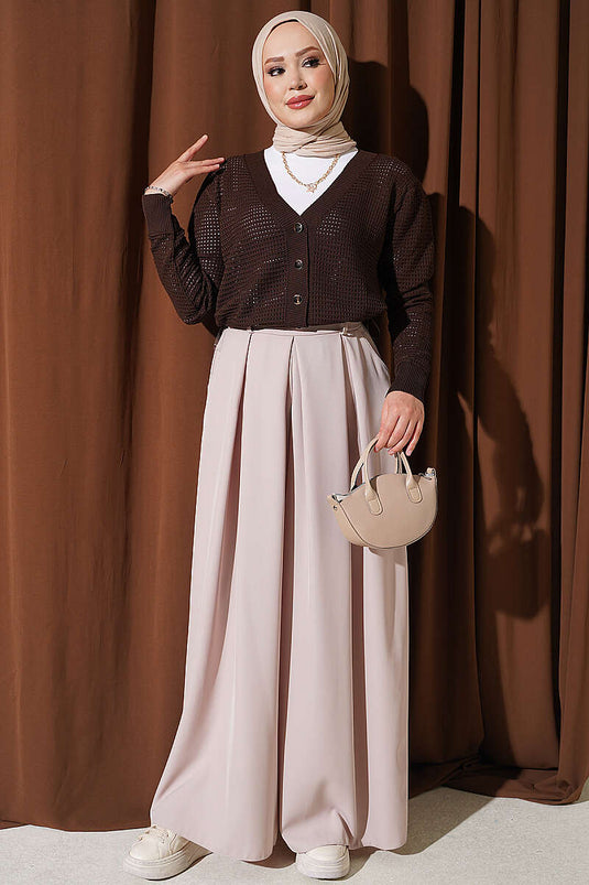 Pantalon Large En Beige Avec Détails En Pile