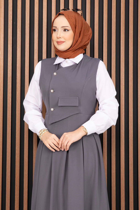 Ensemble robe salopette avec chemise à détails en relief gris