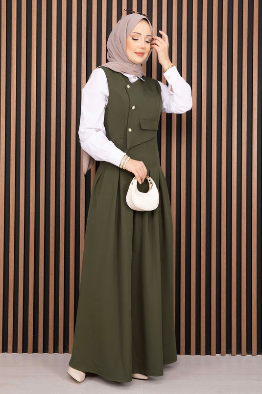 Ensemble robe salopette avec chemise à détails en relief kaki