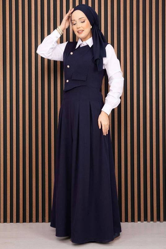 Ensemble Robe Salopette Avec Chemise À Détails En Relief Bleu Marine