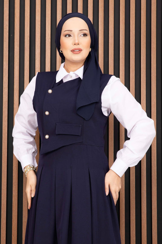 Ensemble Robe Salopette Avec Chemise À Détails En Relief Bleu Marine