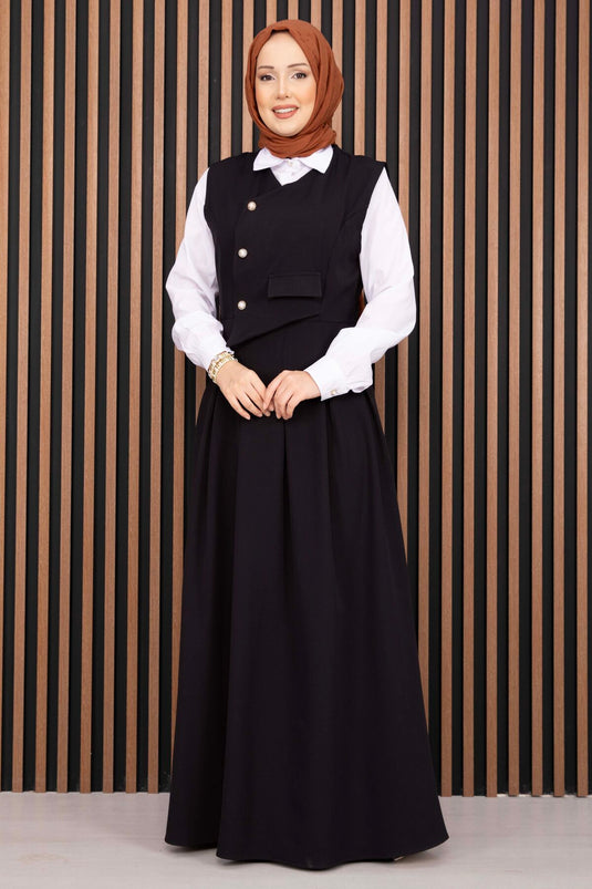 Ensemble robe salopette avec chemise à détails en relief noir